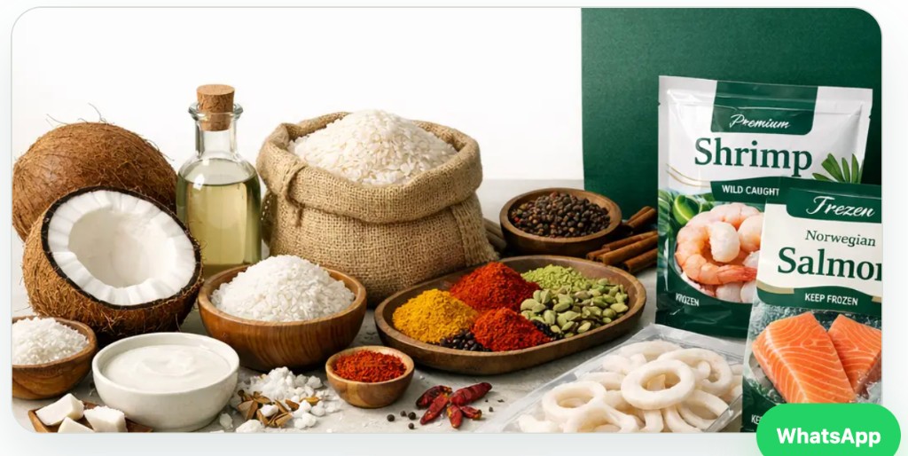 Coconut, rice, spices, and frozen seafood products